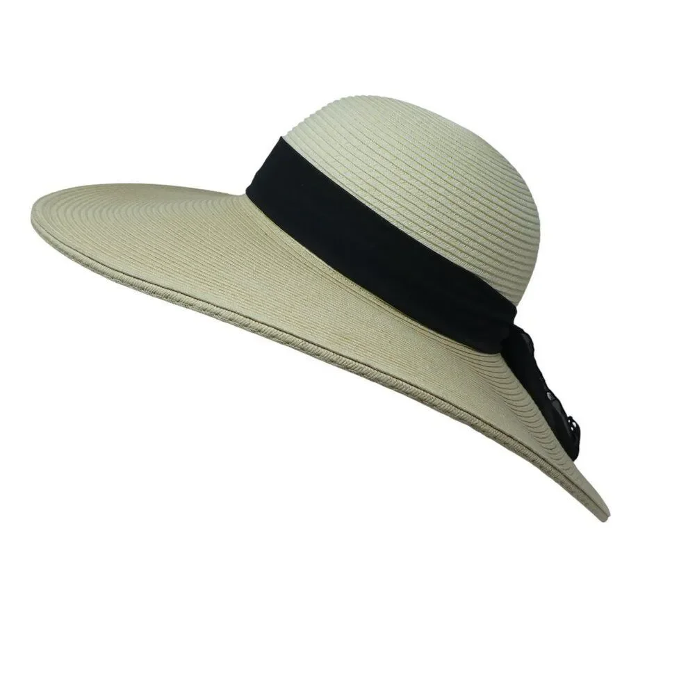HBY‎ Miami Cream Black Paper Straw Wide Brim Floppy Beach Sun Hat S/M